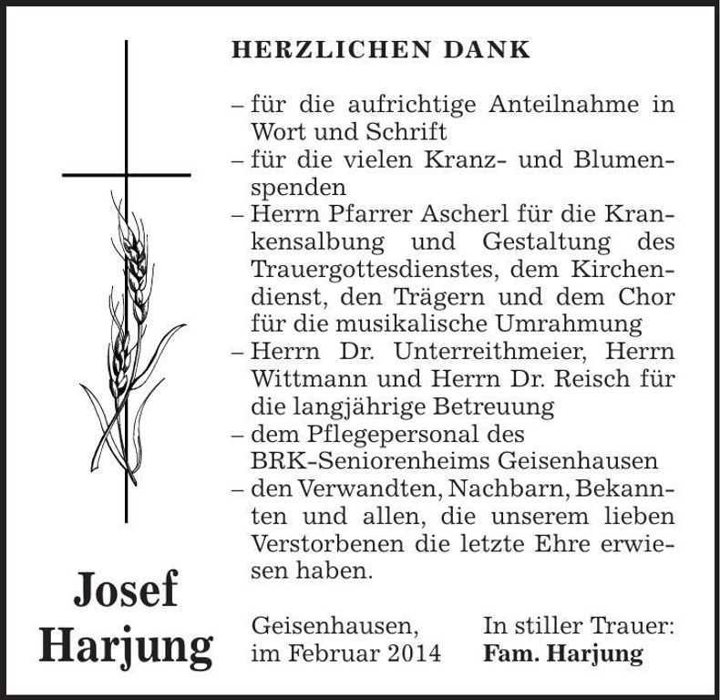 Traueranzeige Josef Harjung