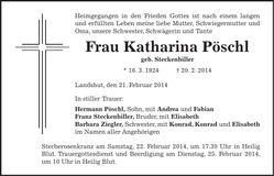 Traueranzeige Katharina Pöschl