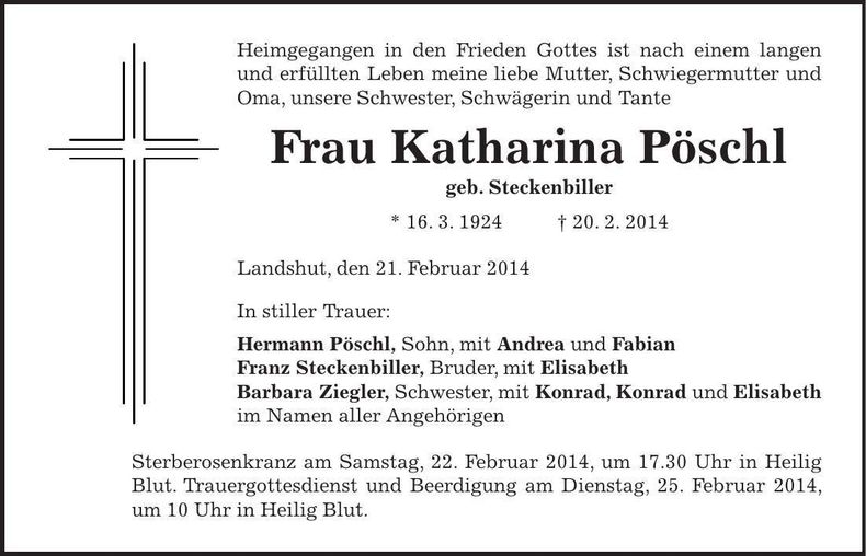 Traueranzeige Katharina Pöschl