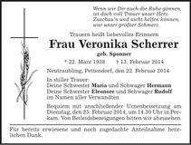 Traueranzeige Veronika Scherrer