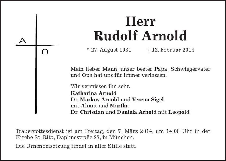 Traueranzeige Rudolf Arnold