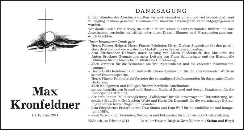Traueranzeige Max Kronfeldner