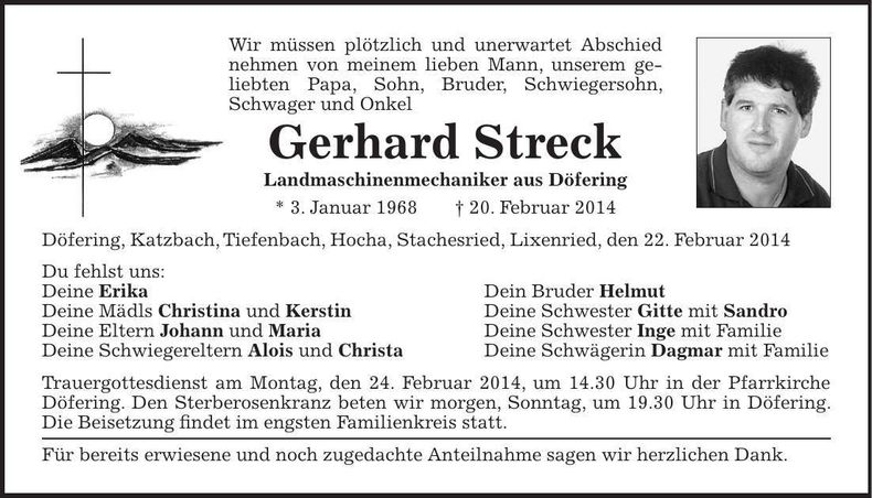 Traueranzeige Gerhard Streck