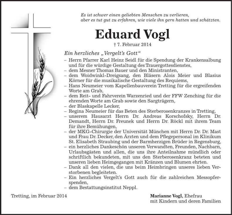 Traueranzeige Eduard Vogl