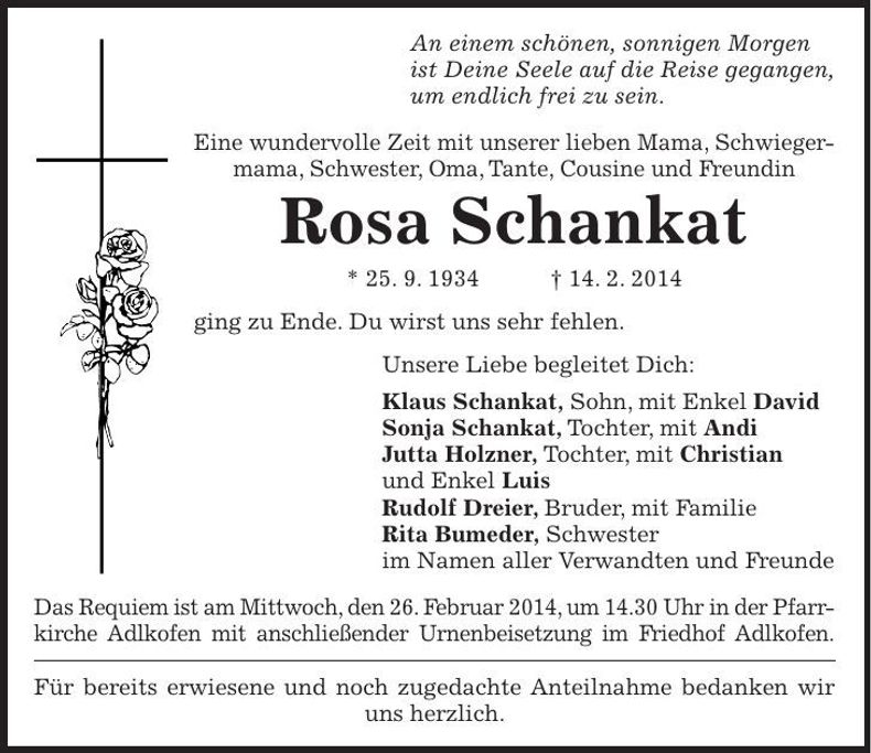 Traueranzeige Rosa Schankat