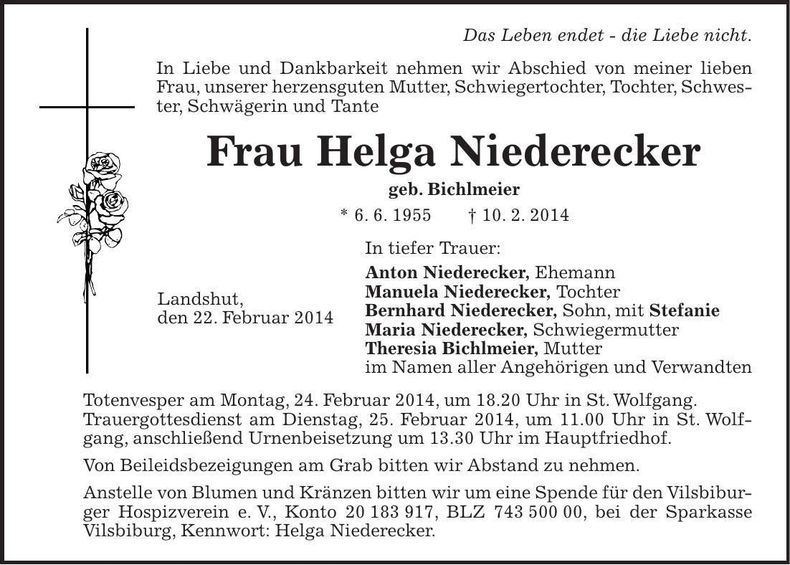 Traueranzeige Helga Niederecker