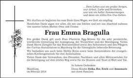 Traueranzeige Emma Bragulla