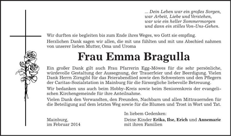 Traueranzeige Emma Bragulla