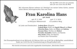 Traueranzeige Karoline Hans