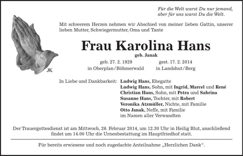 Traueranzeige Karoline Hans
