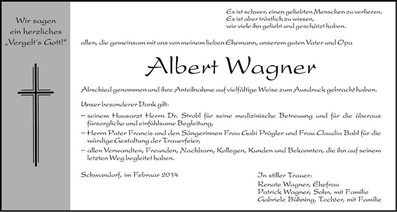 Traueranzeige Albert Wagner