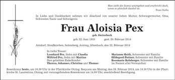 Traueranzeige Aloisia Pex
