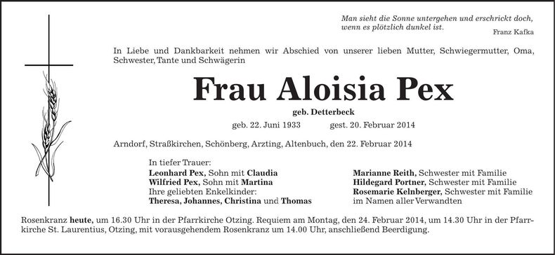 Traueranzeige Aloisia Pex