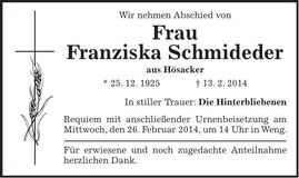 Traueranzeige Franziska Schmideder