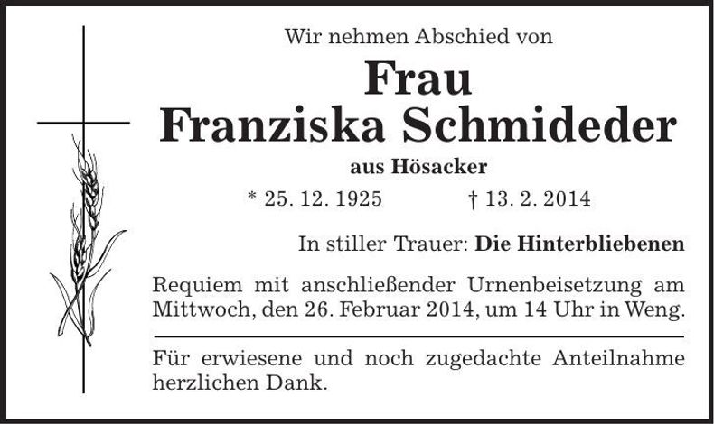 Traueranzeige Franziska Schmideder