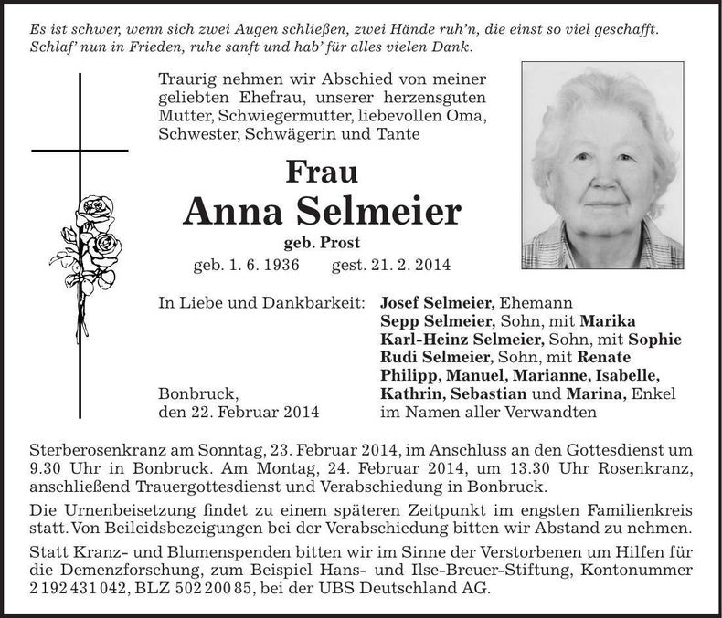 Traueranzeige Anna Selmeier