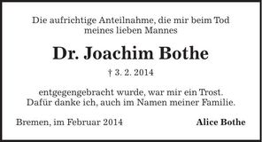 Traueranzeige Joachim Bothe