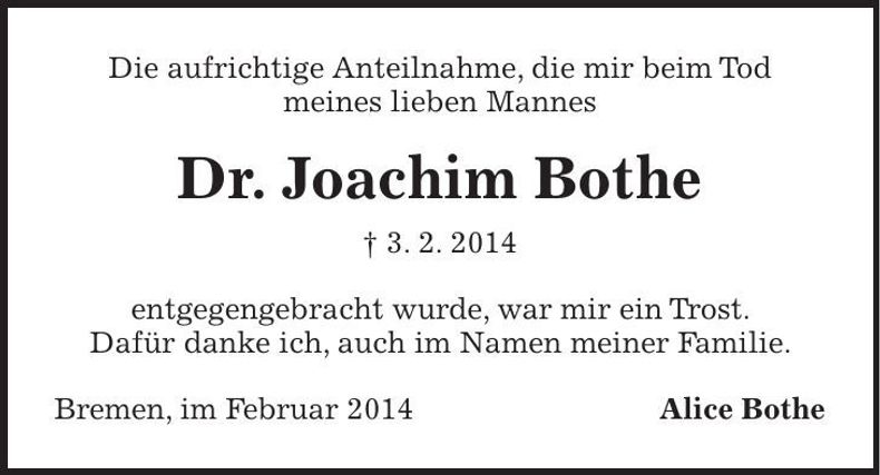 Traueranzeige Joachim Bothe