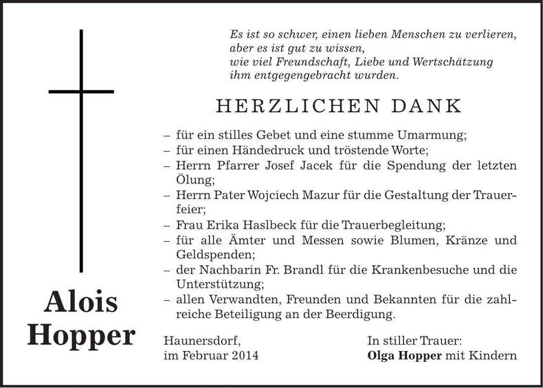 Traueranzeige Alois Hopper