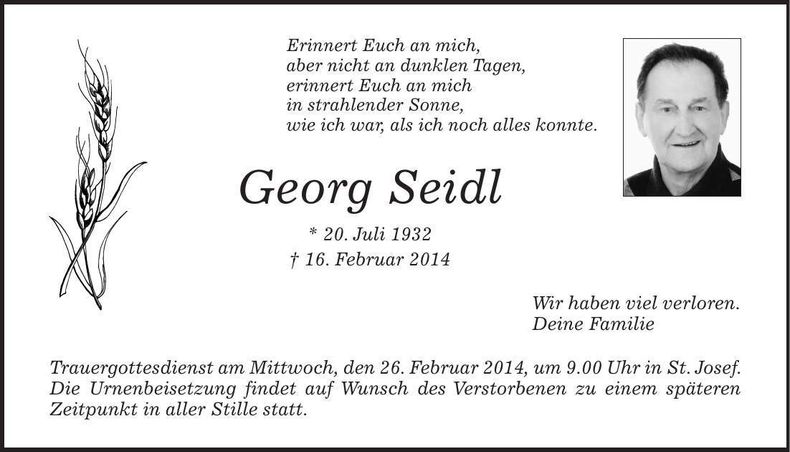 Traueranzeige Georg Seidl