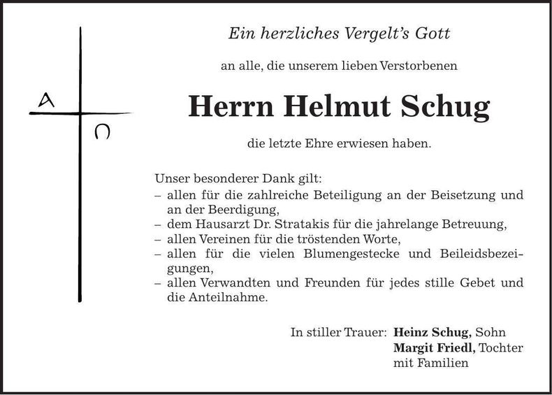 Traueranzeige Helmut Schug