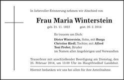Traueranzeige Maria Winterstein