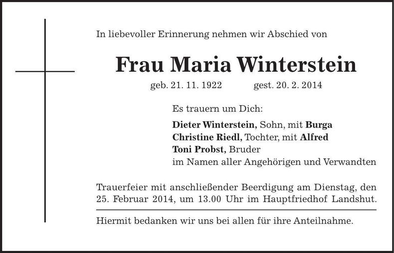 Traueranzeige Maria Winterstein