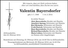 Traueranzeige Valentin Bayersdorfer
