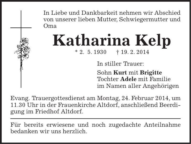 Traueranzeige Katharina Kelp