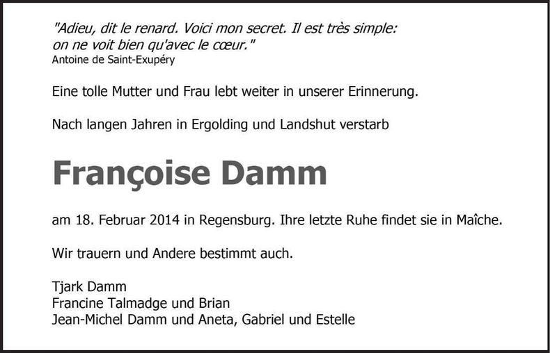 Traueranzeige Francoise Damm