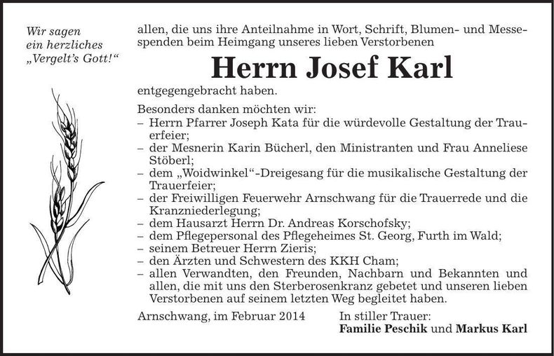 Traueranzeige Josef Karl