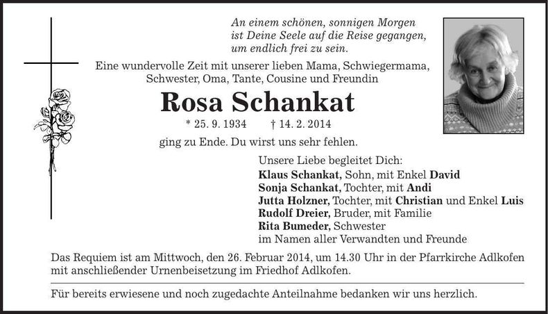 Traueranzeige Rosa Schankat