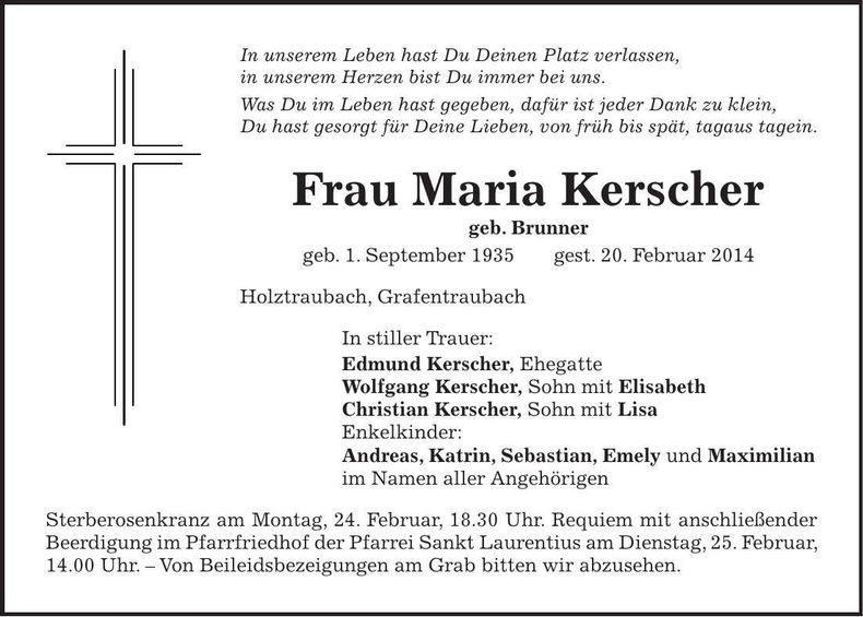 Traueranzeige Maria Kerscher