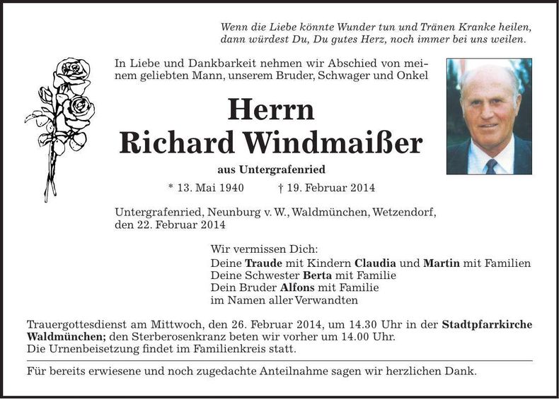 Traueranzeige Richard Windmaißer