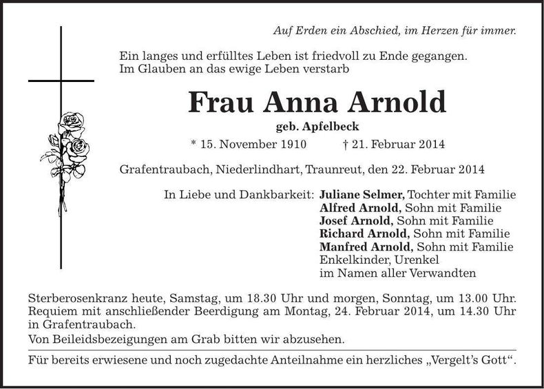 Traueranzeige Anna Arnold