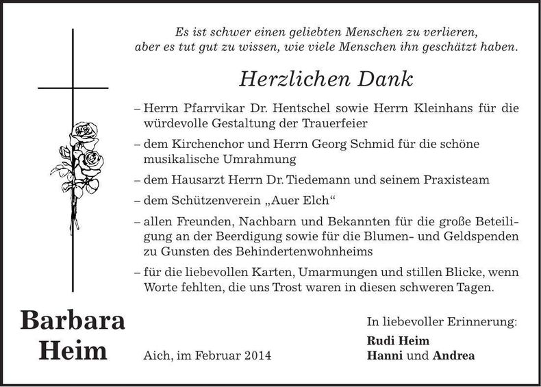 Traueranzeige Barbara Heim