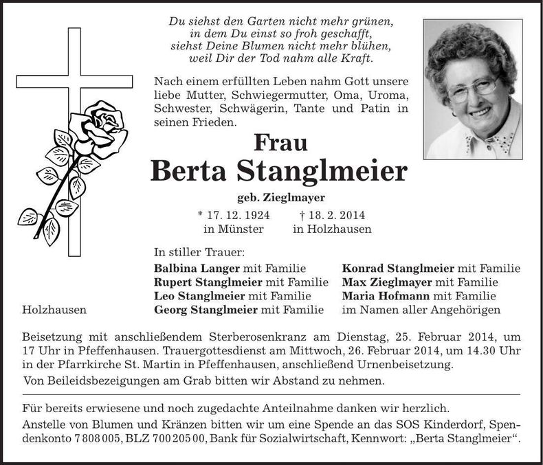 Traueranzeige Berta Stanglmeier