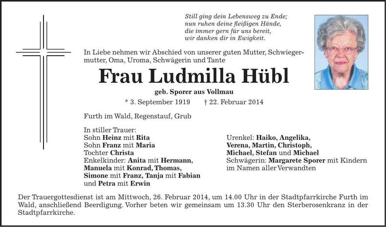 Traueranzeige Ludmilla Hübl