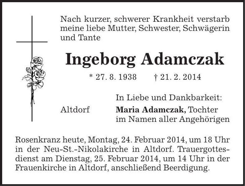 Traueranzeige Ingeborg Adamczak