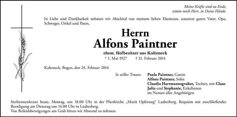 Traueranzeige Alfons Paintner