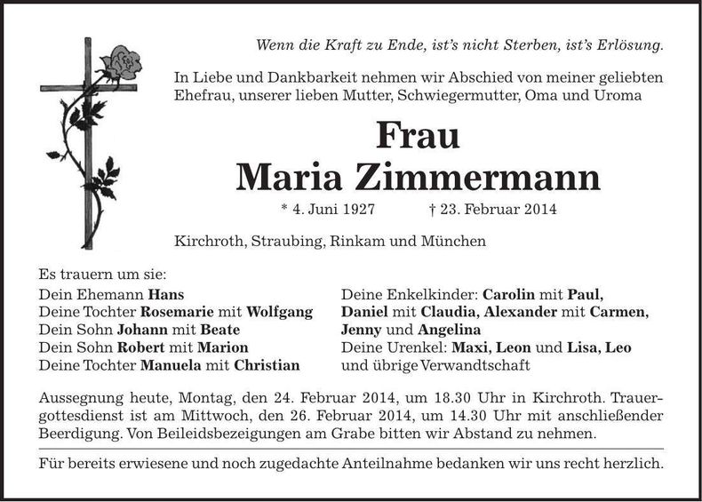 Traueranzeige Maria Zimmermann