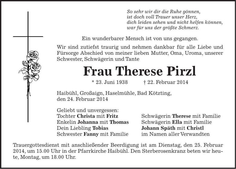 Traueranzeige Therese Pirzl