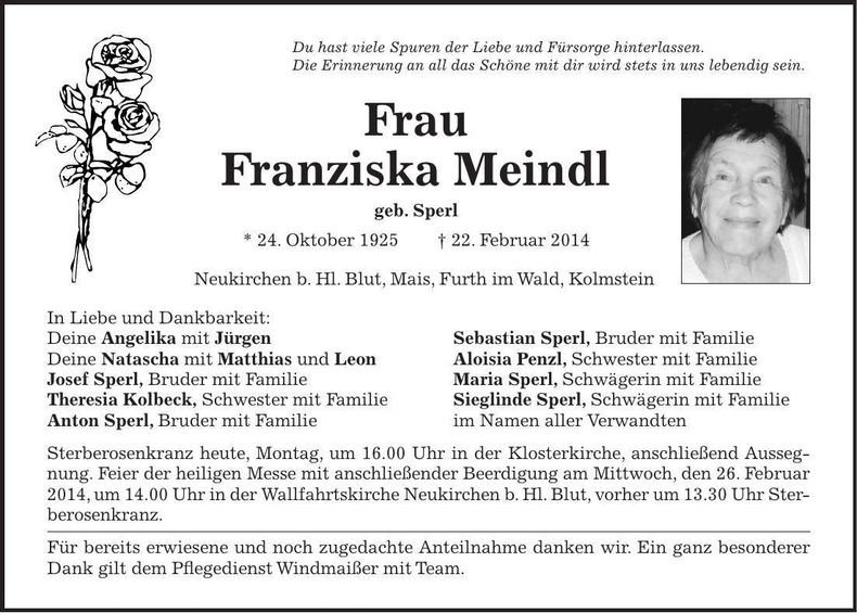 Traueranzeige Franziska Meindl