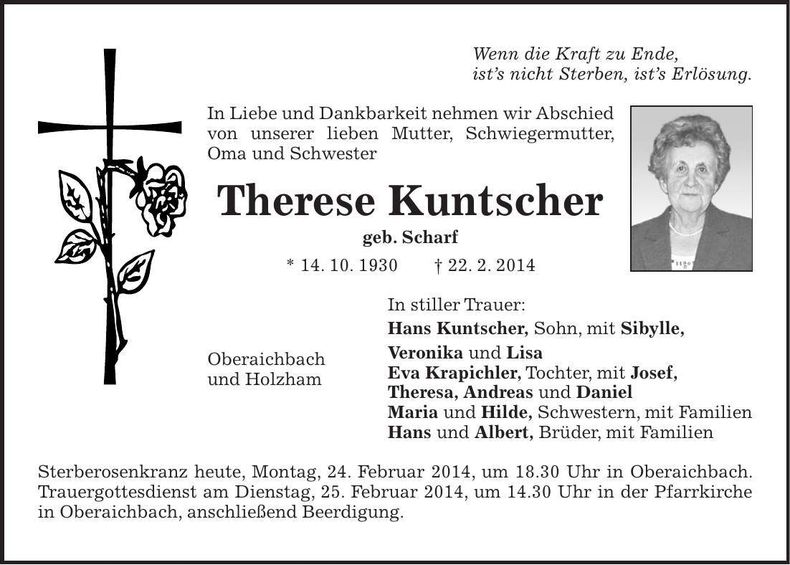 Traueranzeige Therese Kuntscher
