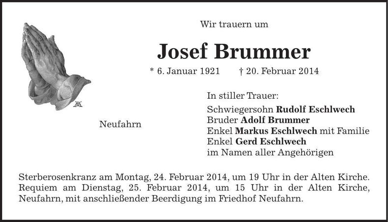 Traueranzeige Josef Brummer