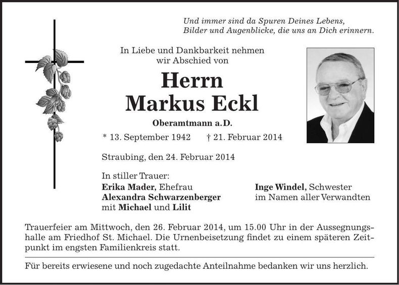 Traueranzeige Markus Eckl