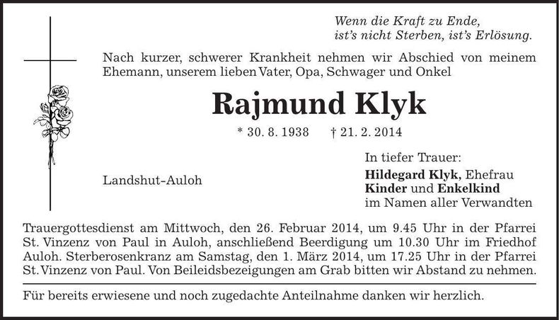Traueranzeige Rajmund Klyk