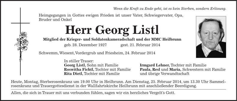 Traueranzeige Georg Listl