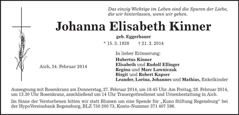 Traueranzeige Johanna Elisabeth Kinner
