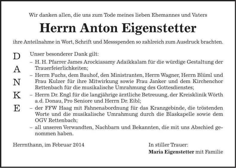 Traueranzeige Anton Eigenstetter